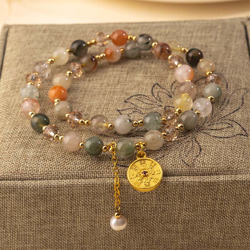 Bracelet double tour en cuivre, quartz rutile coloré et Buddha Stones, symbole de bonne augure - Quartz rutile (Tour de poignet : 16-17 cm) - image 0