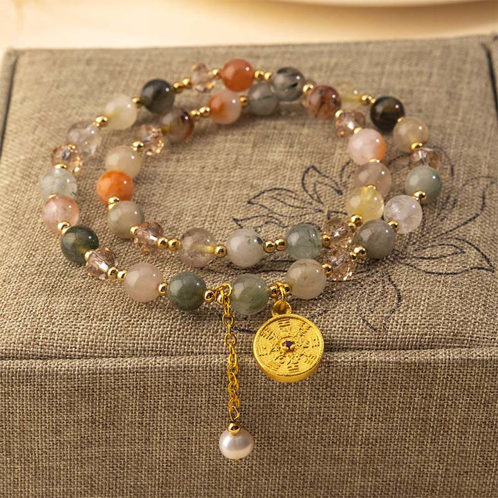 Bracelet double tour en cuivre, quartz rutile coloré et Buddha Stones, symbole de bonne augure - Quartz rutile (Tour de poignet : 16-17 cm) - image 0