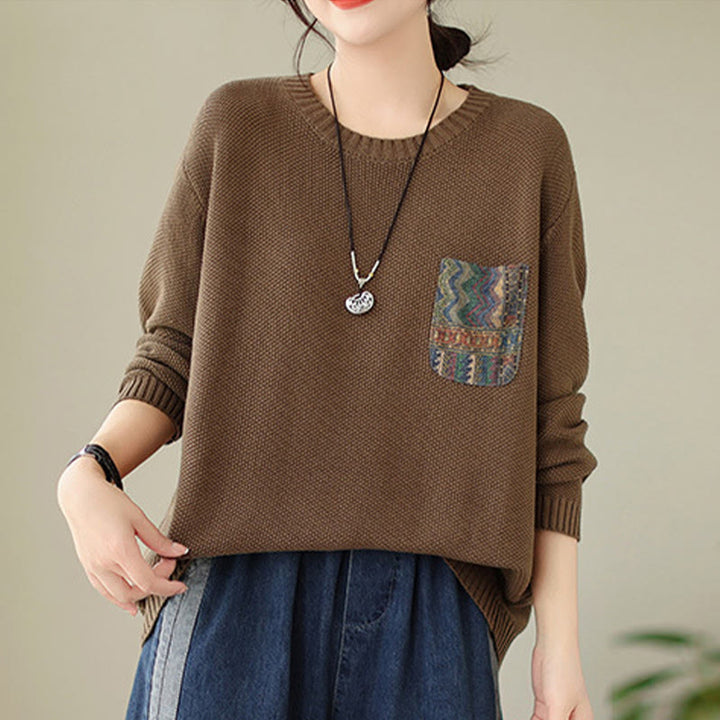 Pull à manches longues pour femme en coton tricoté, motif floral automnal et Buddha Stones - image 15