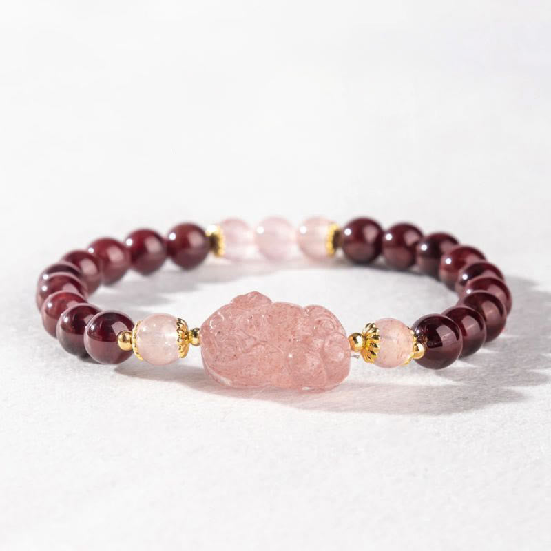 Bracelet porte-bonheur Pixiu en Buddha Stones , grenat et quartz fraise - image 3