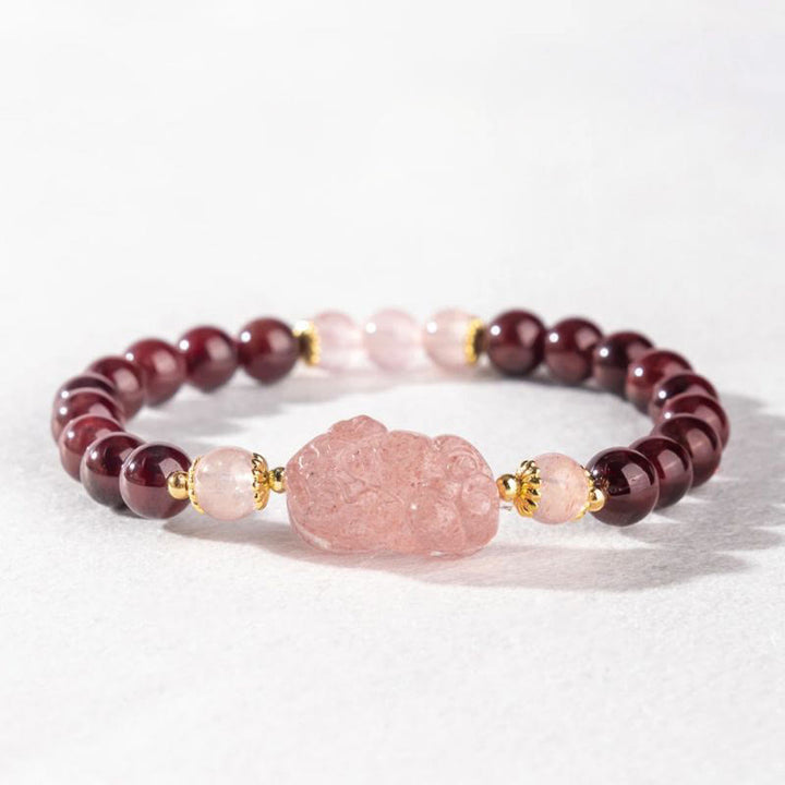 Bracelet porte-bonheur Pixiu en Buddha Stones , grenat et quartz fraise - image 3