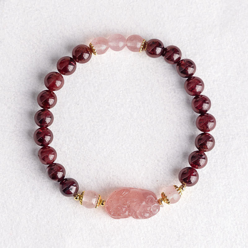 Bracelet porte-bonheur Pixiu en Buddha Stones , grenat et quartz fraise - image 2