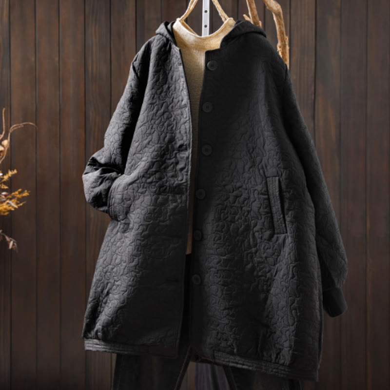 Veste mi-longue à manches longues en coton jacquard avec poches et boutons d'automne Buddha Stones - Noir - US12，UK/AU16，EU44 (XL) - image 17