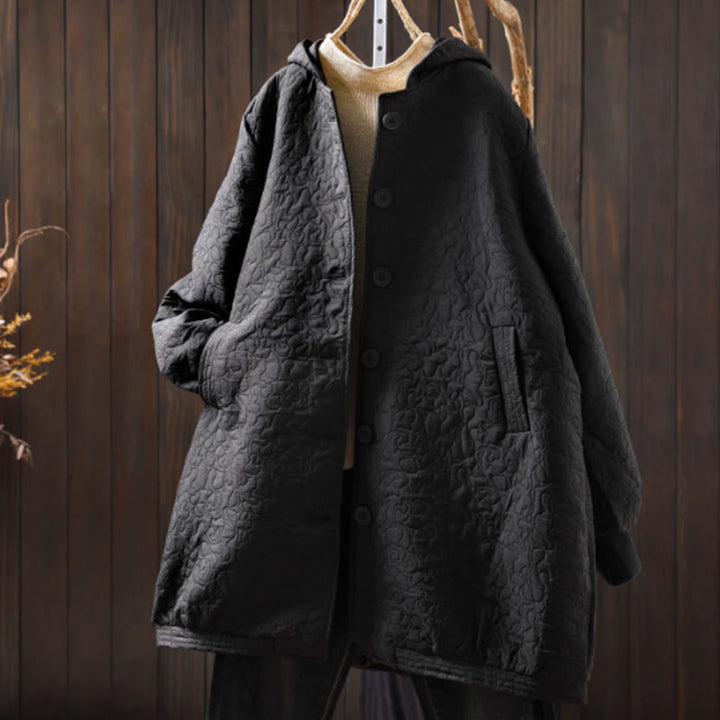 Veste mi-longue à manches longues en coton jacquard avec poches et boutons d'automne Buddha Stones - Noir - US12，UK/AU16，EU44 (XL) - image 17