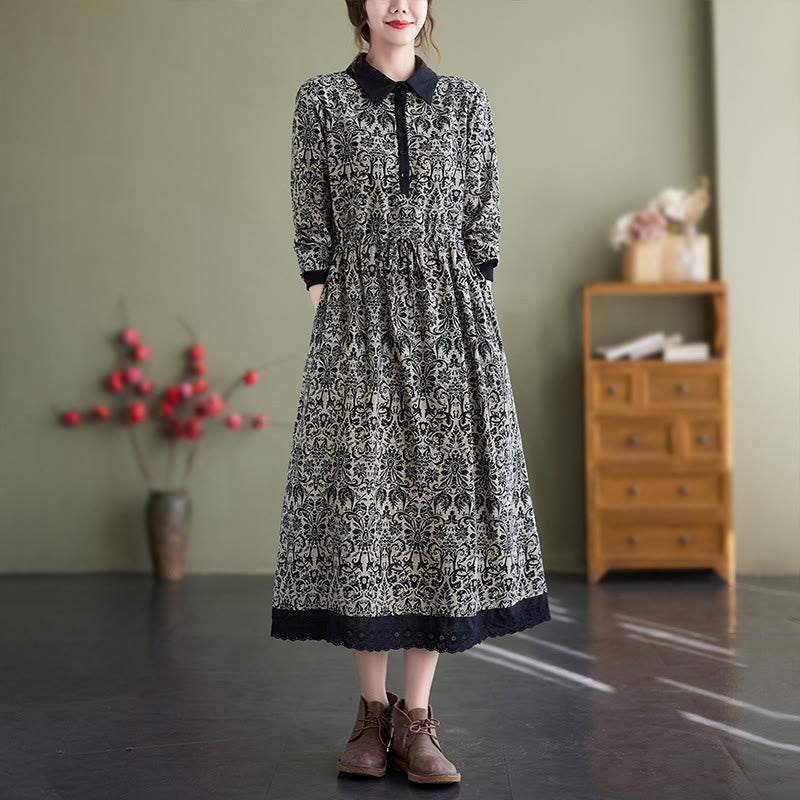 Robe midi en coton à manches longues, imprimée ethnique avec des Buddha Stones et cordon de serrage, avec poches - Noir - US8-10，UK/AU12-14，EU40-42 (2XL) - image 0