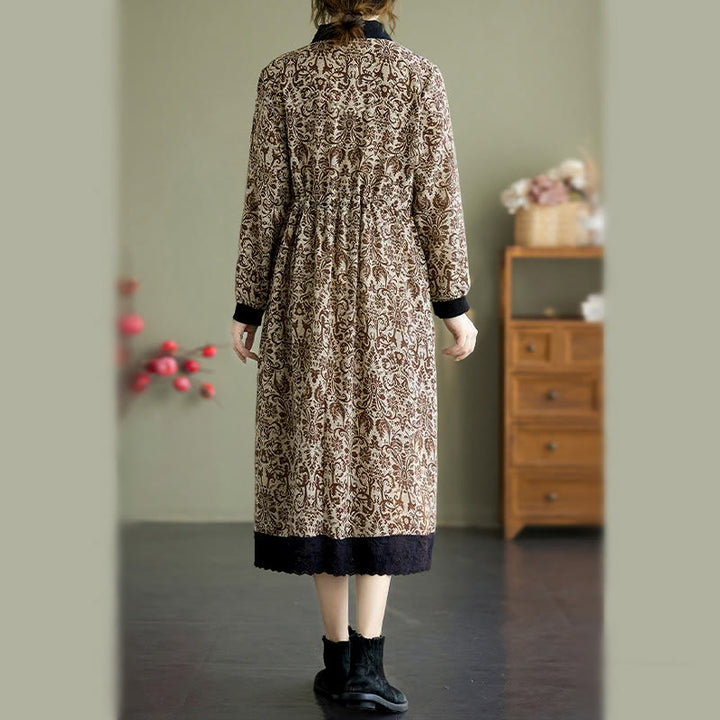Robe midi en coton à manches longues, imprimée ethnique avec des Buddha Stones et cordon de serrage, avec poches - image 21