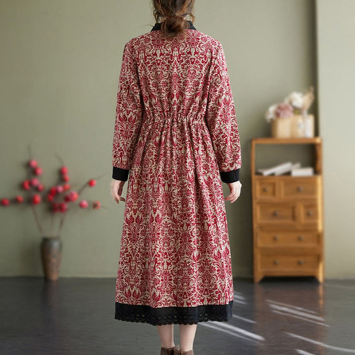 Robe midi en coton à manches longues, imprimée ethnique avec des Buddha Stones et cordon de serrage, avec poches - image 6