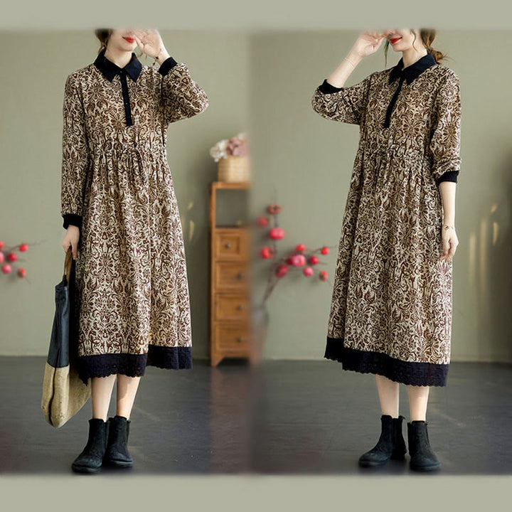 Robe midi en coton à manches longues, imprimée ethnique avec des Buddha Stones et cordon de serrage, avec poches - image 22
