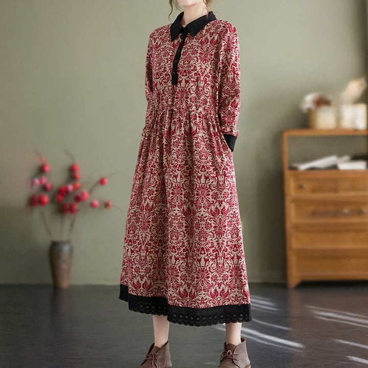 Robe midi en coton à manches longues, imprimée ethnique avec des Buddha Stones et cordon de serrage, avec poches - image 7