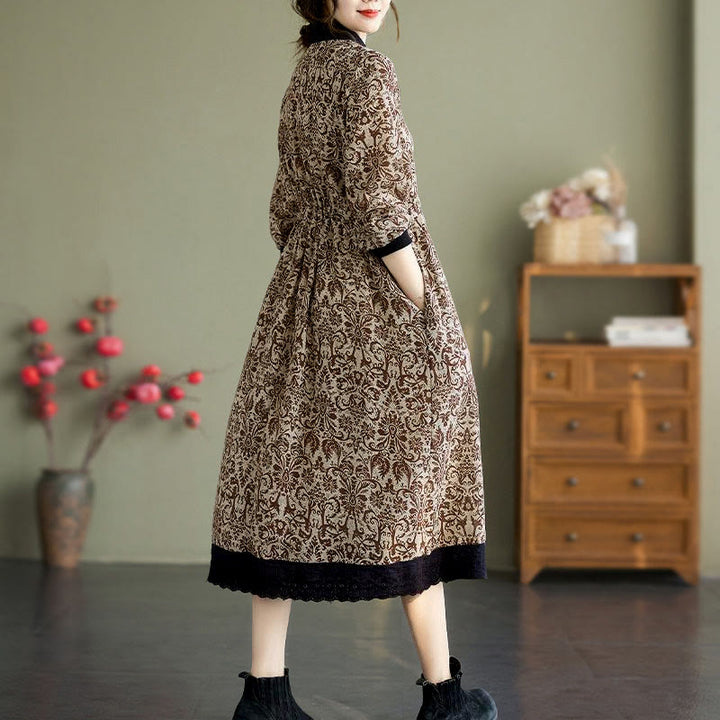 Robe midi en coton à manches longues, imprimée ethnique avec des Buddha Stones et cordon de serrage, avec poches - image 20