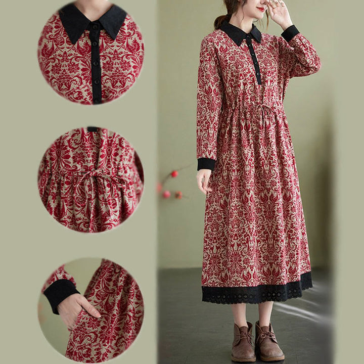 Robe midi en coton à manches longues, imprimée ethnique avec des Buddha Stones et cordon de serrage, avec poches - image 10