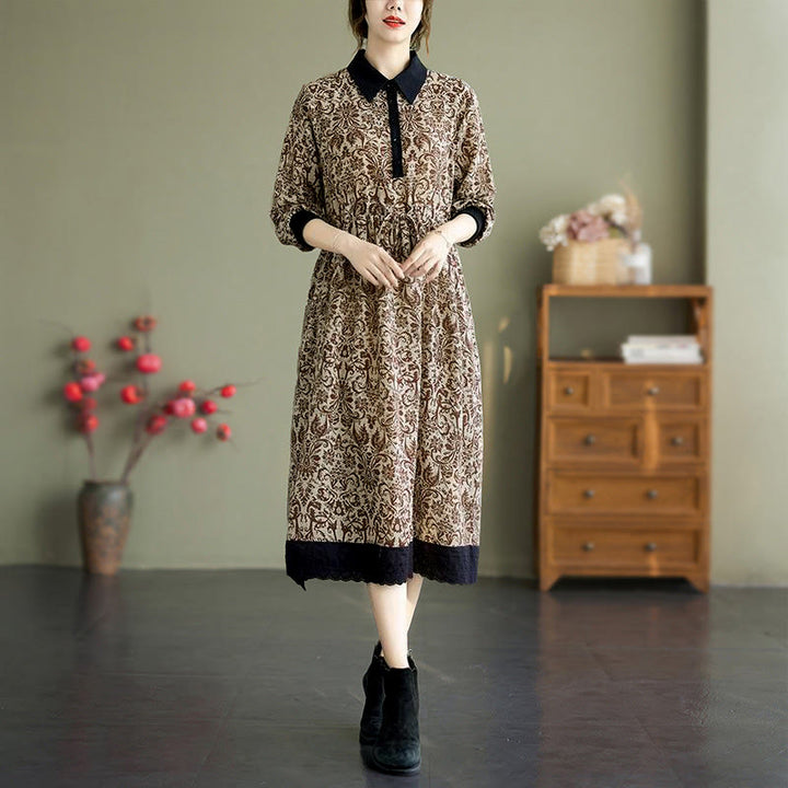Robe midi en coton à manches longues, imprimée ethnique avec des Buddha Stones et cordon de serrage, avec poches - SaddleBrown - US8-10，UK/AU12-14，EU40-42 (2XL) - image 18
