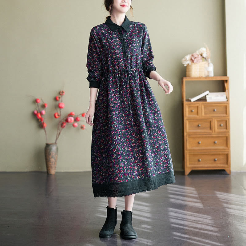 Robe midi en coton à manches longues, imprimée ethnique avec des Buddha Stones et cordon de serrage, avec poches - Gris ardoise foncé - US8-10，UK/AU12-14，EU40-42 (2XL) - image 24