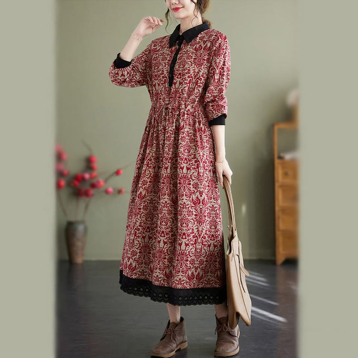Robe midi en coton à manches longues, imprimée ethnique avec des Buddha Stones et cordon de serrage, avec poches - image 8