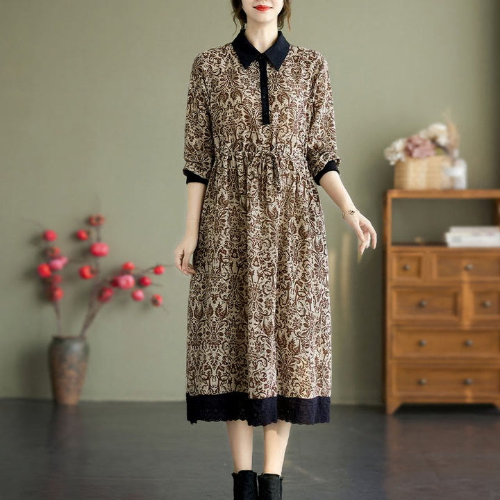Robe midi en coton à manches longues, imprimée ethnique avec des Buddha Stones et cordon de serrage, avec poches - image 19