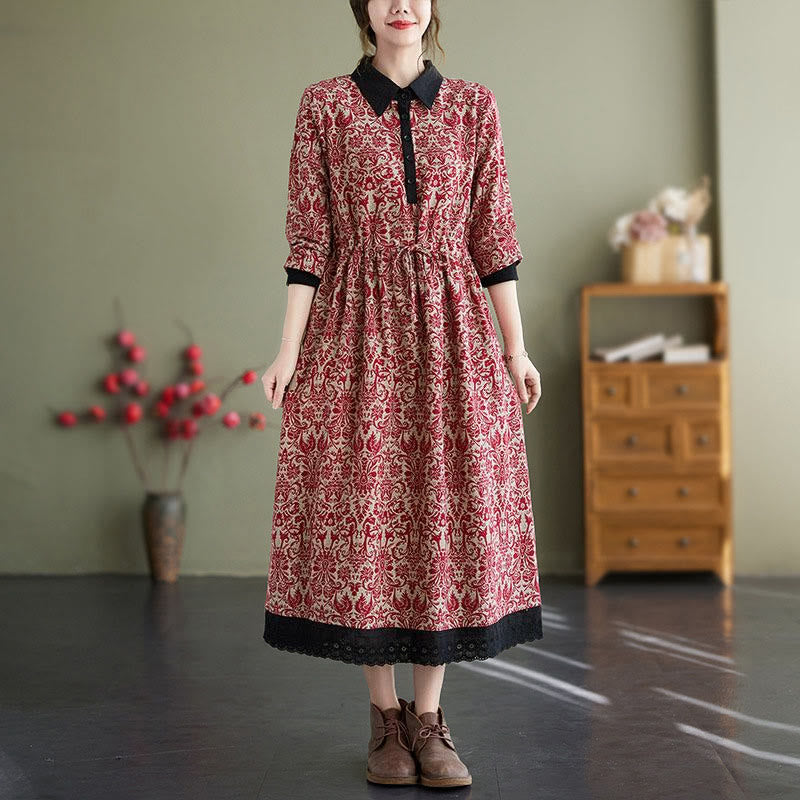 Robe midi en coton à manches longues, imprimée ethnique avec des Buddha Stones et cordon de serrage, avec poches - Cramoisi - US8-10，UK/AU12-14，EU40-42 (2XL) - image 5