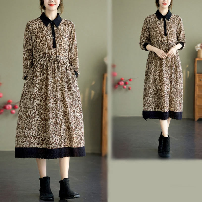 Robe midi en coton à manches longues, imprimée ethnique avec des Buddha Stones et cordon de serrage, avec poches - image 23