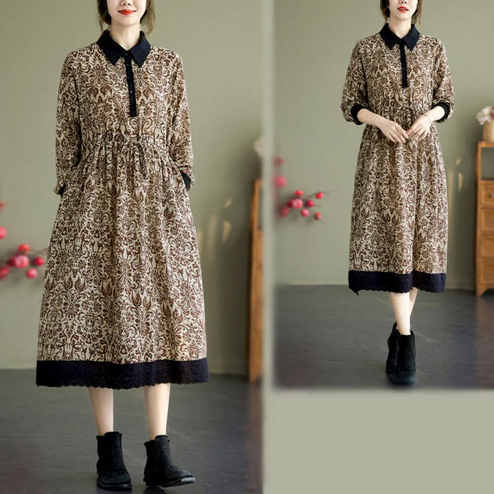 Robe midi en coton à manches longues, imprimée ethnique avec des Buddha Stones et cordon de serrage, avec poches - image 23