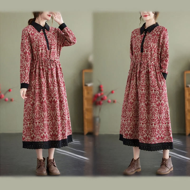 Robe midi en coton à manches longues, imprimée ethnique avec des Buddha Stones et cordon de serrage, avec poches - image 9