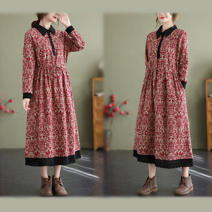 Robe midi en coton à manches longues, imprimée ethnique avec des Buddha Stones et cordon de serrage, avec poches - image 9