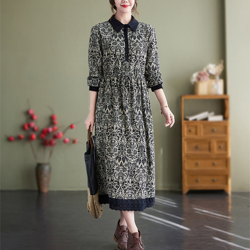 Robe midi en coton à manches longues, imprimée ethnique avec des Buddha Stones et cordon de serrage, avec poches - image 1