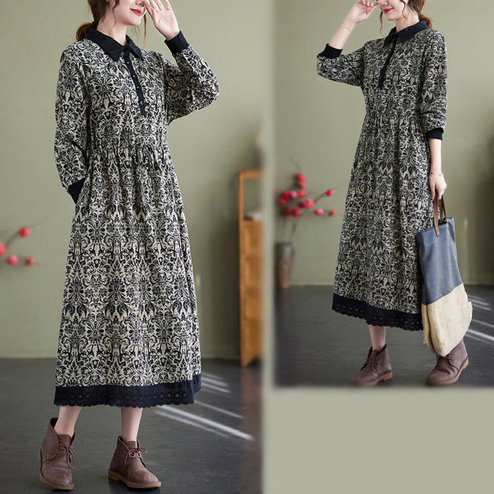 Robe midi en coton à manches longues, imprimée ethnique avec des Buddha Stones et cordon de serrage, avec poches - image 3