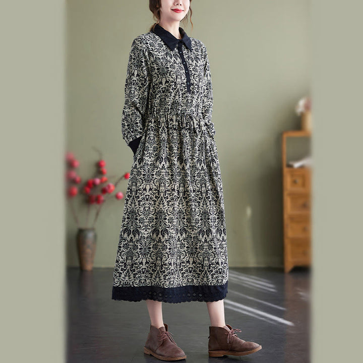 Robe midi en coton à manches longues, imprimée ethnique avec des Buddha Stones et cordon de serrage, avec poches - image 2