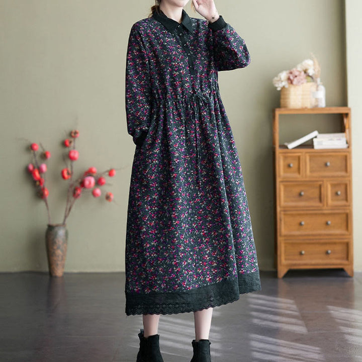Robe midi en coton à manches longues, imprimée ethnique avec des Buddha Stones et cordon de serrage, avec poches - image 25