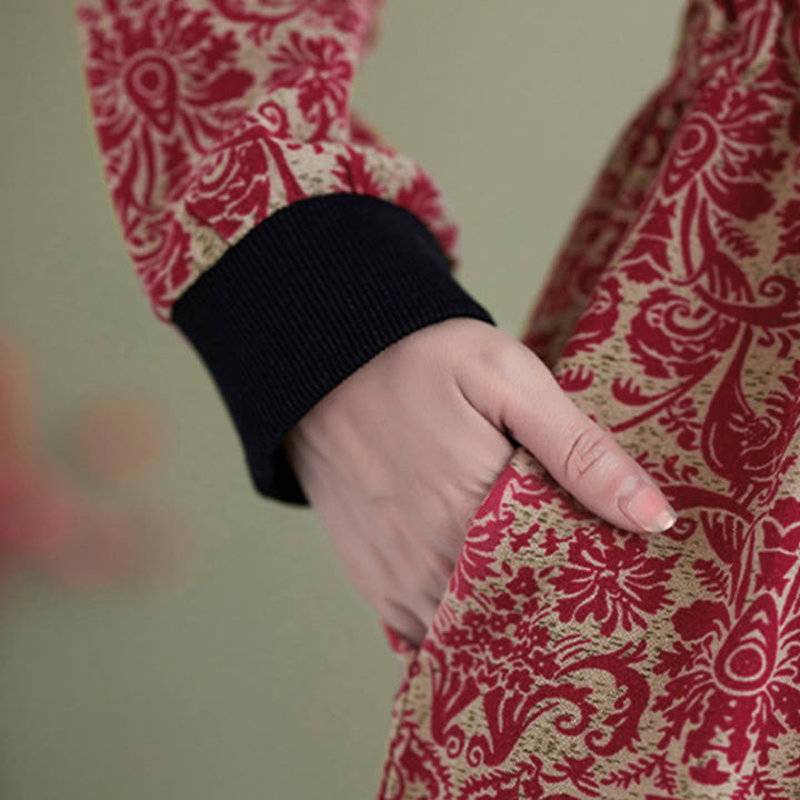 Robe midi en coton à manches longues, imprimée ethnique avec des Buddha Stones et cordon de serrage, avec poches - image 16