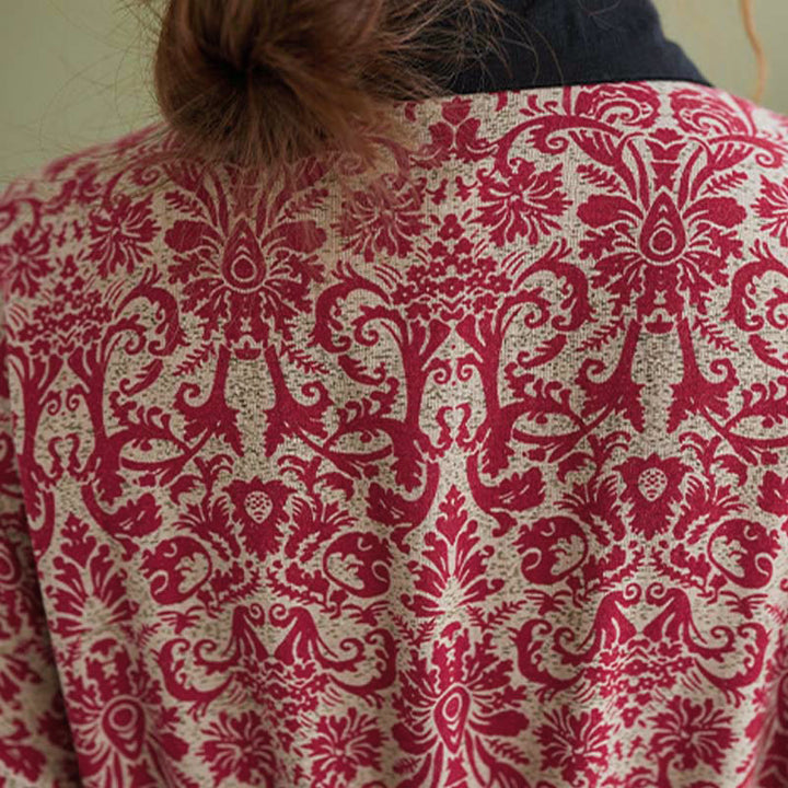 Robe midi en coton à manches longues, imprimée ethnique avec des Buddha Stones et cordon de serrage, avec poches - image 12