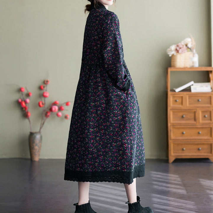 Robe midi en coton à manches longues, imprimée ethnique avec des Buddha Stones et cordon de serrage, avec poches - image 26