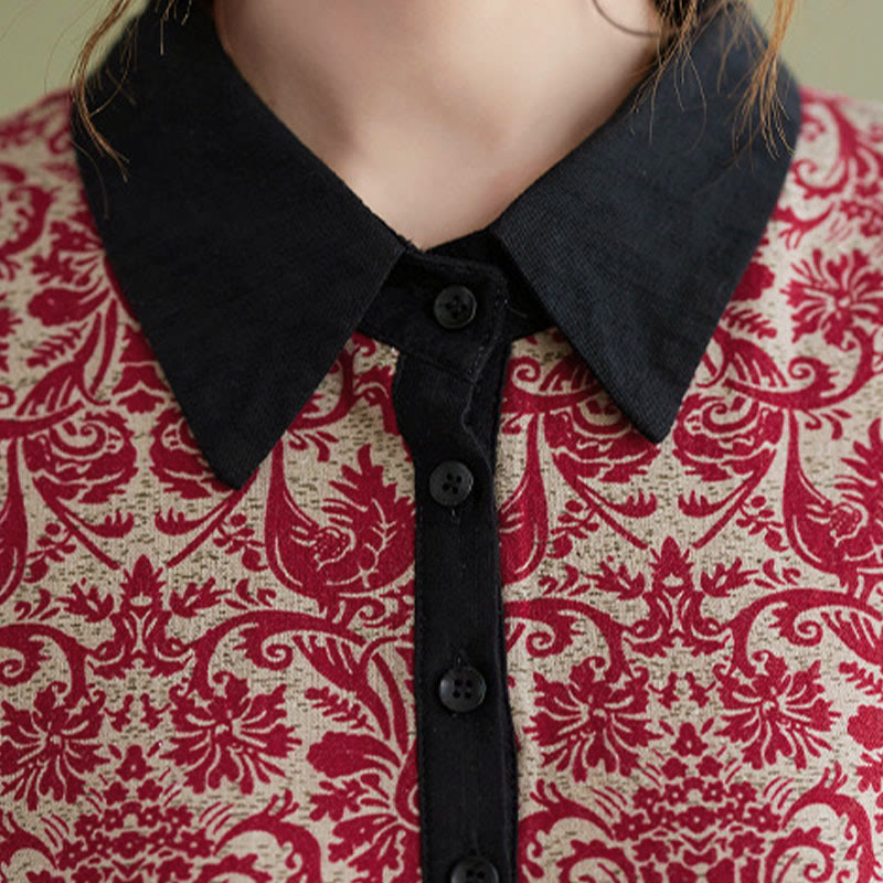 Robe midi en coton à manches longues, imprimée ethnique avec des Buddha Stones et cordon de serrage, avec poches - image 11