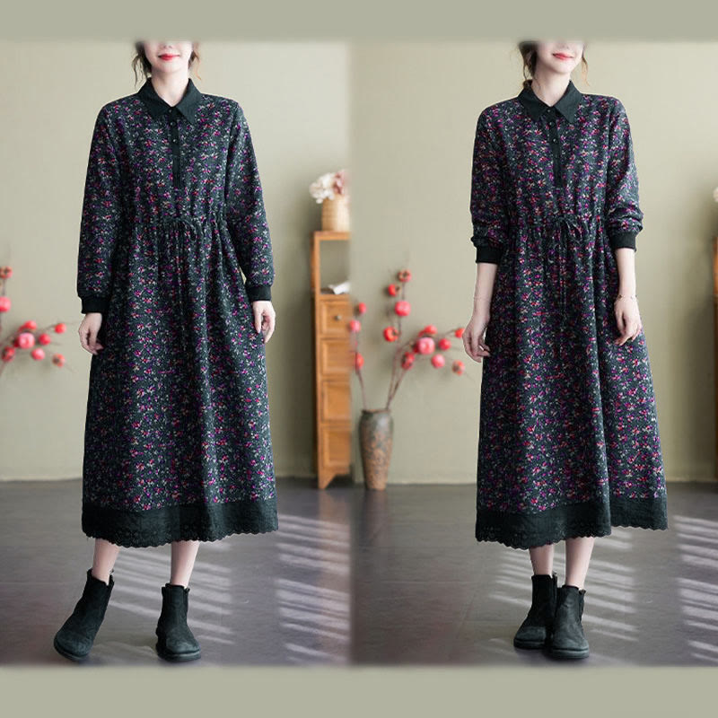 Robe midi en coton à manches longues, imprimée ethnique avec des Buddha Stones et cordon de serrage, avec poches - image 28