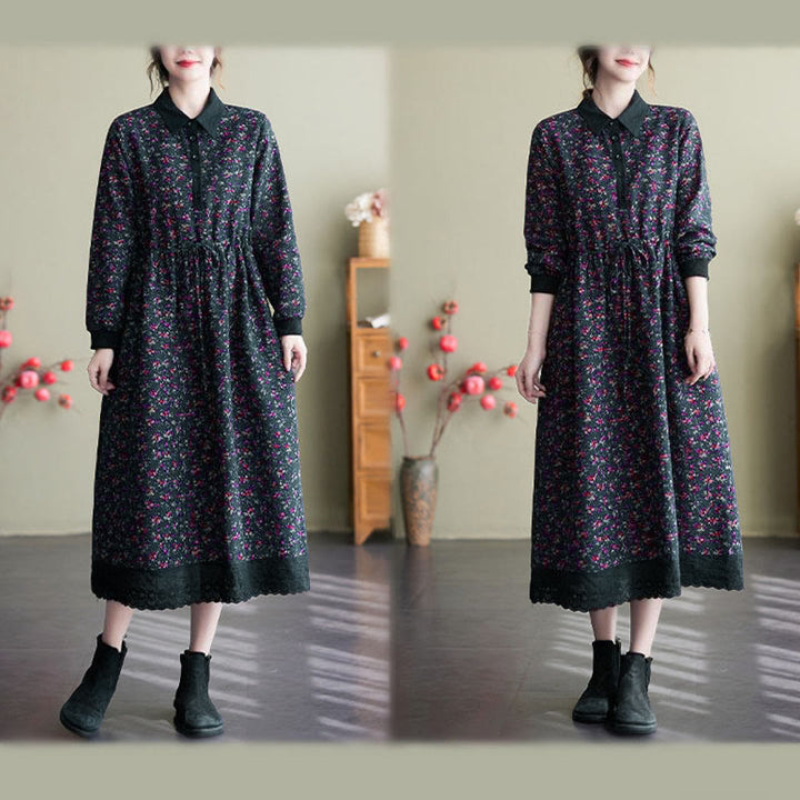 Robe midi en coton à manches longues, imprimée ethnique avec des Buddha Stones et cordon de serrage, avec poches - image 28
