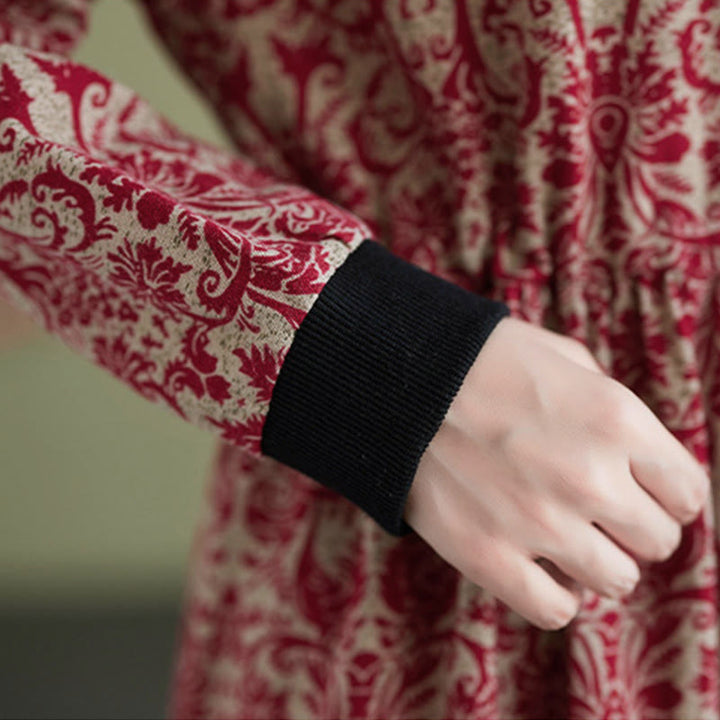 Robe midi en coton à manches longues, imprimée ethnique avec des Buddha Stones et cordon de serrage, avec poches - image 15