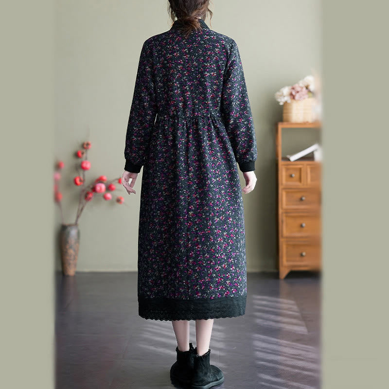 Robe midi en coton à manches longues, imprimée ethnique avec des Buddha Stones et cordon de serrage, avec poches - image 27