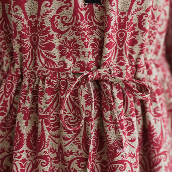 Robe midi en coton à manches longues, imprimée ethnique avec des Buddha Stones et cordon de serrage, avec poches - image 14