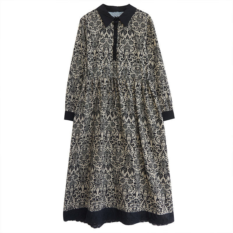 Robe midi en coton à manches longues, imprimée ethnique avec des Buddha Stones et cordon de serrage, avec poches - image 4