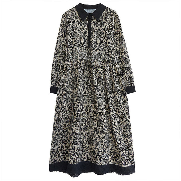 Robe midi en coton à manches longues, imprimée ethnique avec des Buddha Stones et cordon de serrage, avec poches - image 4