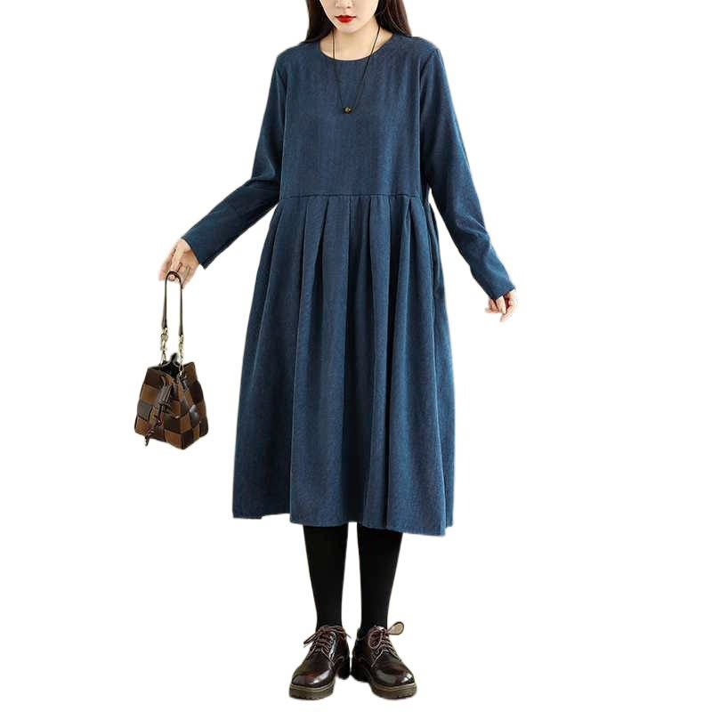 Robe midi en velours côtelé bleu foncé uni à manches longues et poches , Buddha Stones Fall - image 16