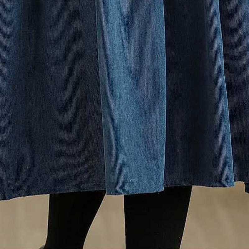 Robe midi en velours côtelé bleu foncé uni à manches longues et poches , Buddha Stones Fall - image 12