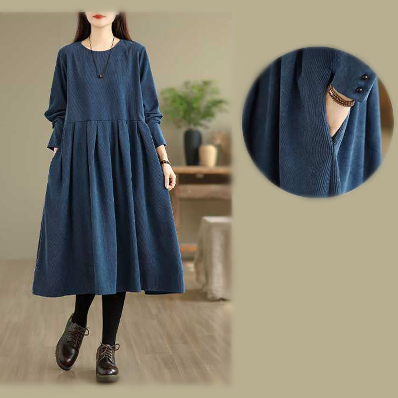 Robe midi en velours côtelé bleu foncé uni à manches longues et poches , Buddha Stones Fall - image 14
