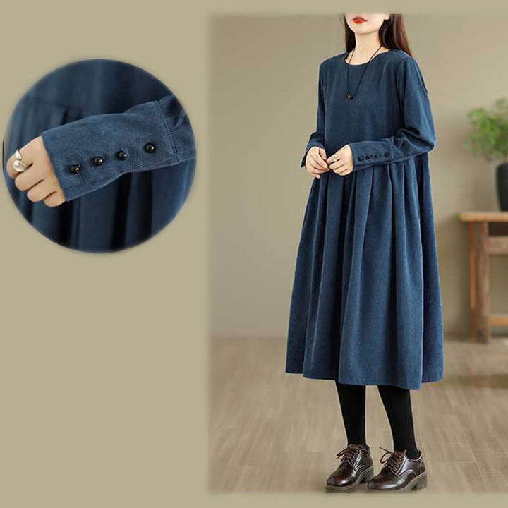 Robe midi en velours côtelé bleu foncé uni à manches longues et poches , Buddha Stones Fall - image 13