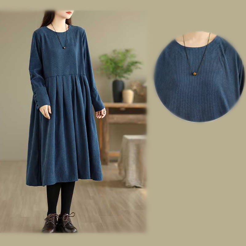 Robe midi en velours côtelé bleu foncé uni à manches longues et poches , Buddha Stones Fall - image 15