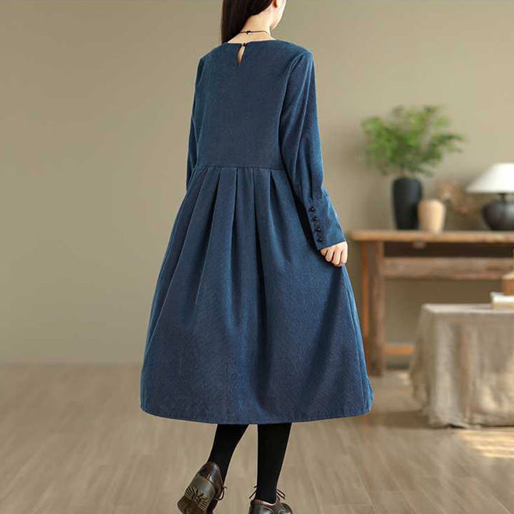 Robe midi en velours côtelé bleu foncé uni à manches longues et poches , Buddha Stones Fall - image 6