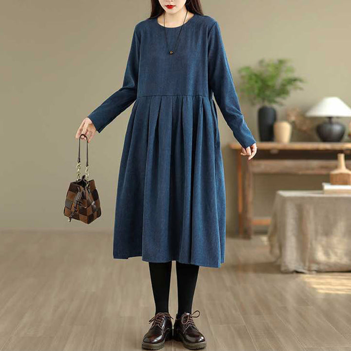 Robe midi en velours côtelé bleu foncé uni à manches longues et poches , Buddha Stones Fall - image 4