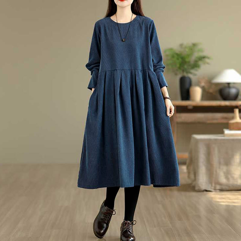 Robe midi en velours côtelé bleu foncé uni à manches longues et poches , Buddha Stones Fall - image 3
