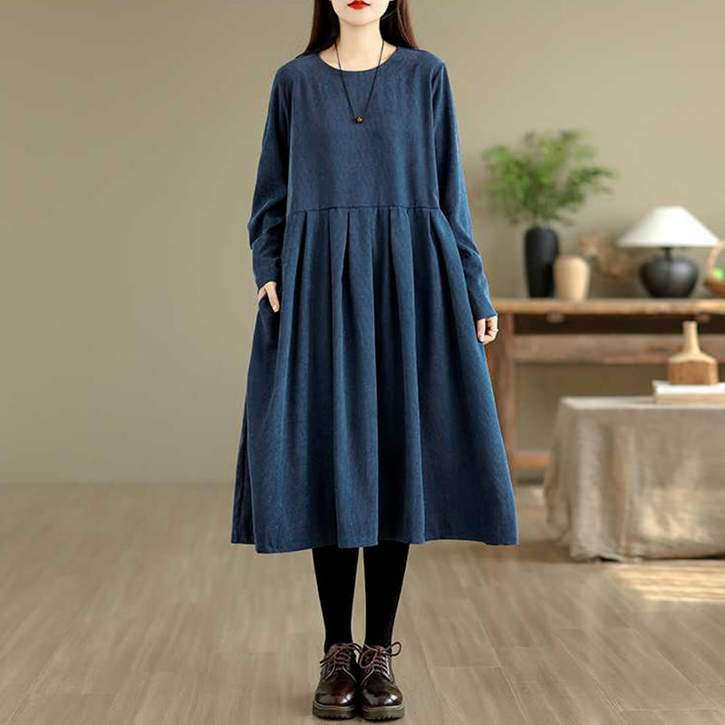 Robe midi en velours côtelé bleu foncé uni à manches longues et poches , Buddha Stones Fall - image 1