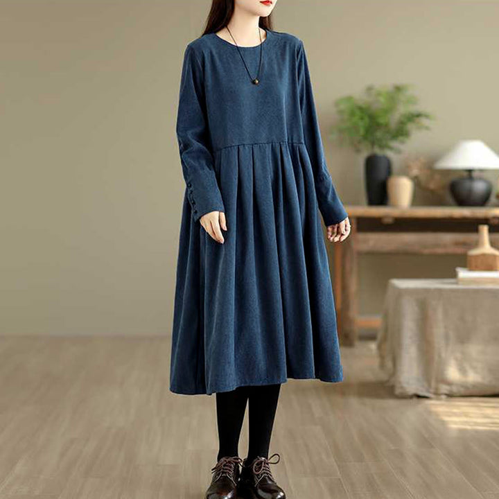 Robe midi en velours côtelé bleu foncé uni à manches longues et poches , Buddha Stones Fall - image 2