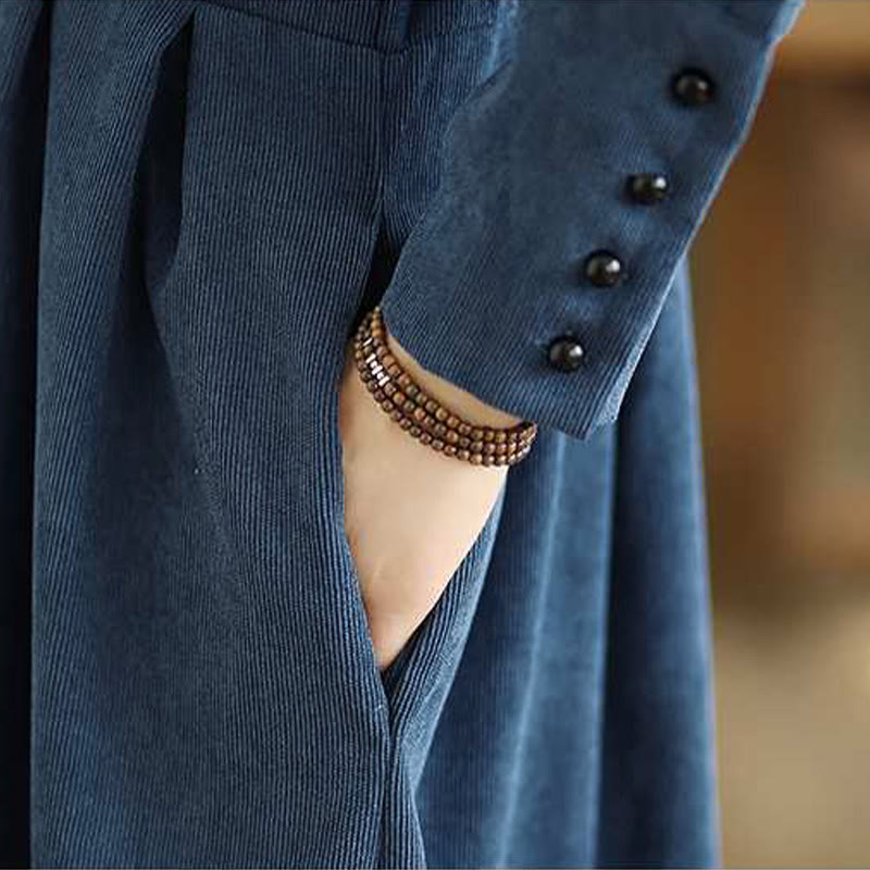 Robe midi en velours côtelé bleu foncé uni à manches longues et poches , Buddha Stones Fall - image 11